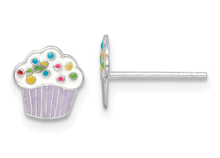 Sterling Silver Rhodium-plated Polished Multi-color Enameled Cupcake Children's Post Earrings (Style QE16611)