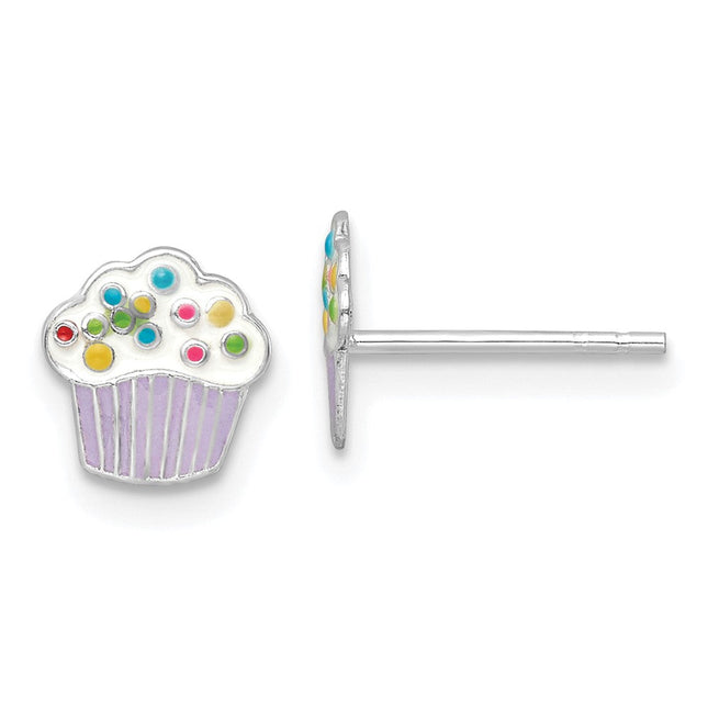 Sterling Silver Rhodium-plated Polished Multi-color Enameled Cupcake Children's Post Earrings, 7.95 x 7.57mm