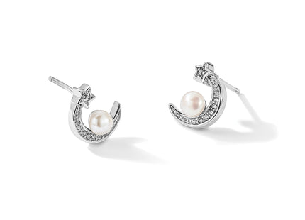 Sterling Silver Rhod-plated CZ and FWC Pearl Moon and Star Post Earrings