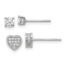Sterling Silver RH-plated Pav CZ Heart/ CZ Stud Post Earrings Set