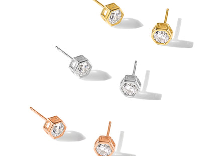 Sterling Silver RH-plated Rose and Gold-tone CZ Set of 3 Post Earring Set