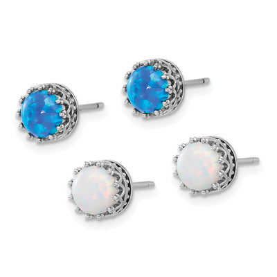 Sterling Silver Rh-plated Cr. Blue Opal / White Opal Post Earring Set