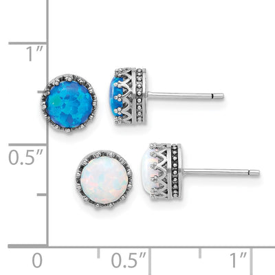 Sterling Silver Rh-plated Cr. Blue Opal / White Opal Post Earring Set