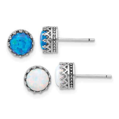 Sterling Silver Rh-plated Cr. Blue Opal / White Opal Post Earring Set