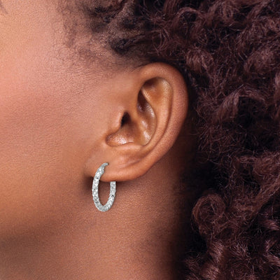 Sterling Silver Rhodium-plated Polished Textured Hoop Earrings, 22 x 2.5mm