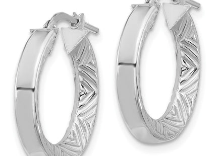 Sterling Silver Rhodium-plated Polished and Textured Hoop Earrings (Style QE16805)