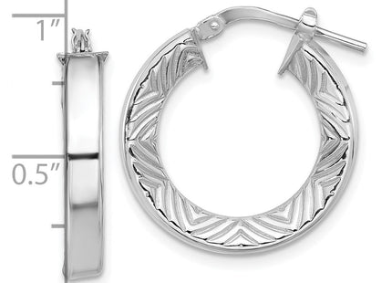Sterling Silver Rhodium-plated Polished and Textured Hoop Earrings (Style QE16805)