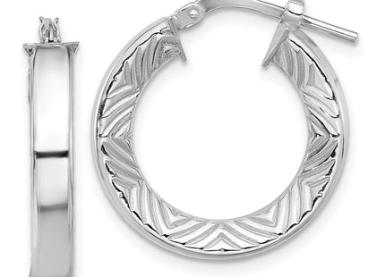 Sterling Silver Rhodium-plated Polished and Textured Hoop Earrings (Style QE16805)