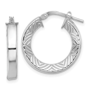 Sterling Silver Rhodium-plated Polished and Textured Hoop Earrings (Style QE16805)