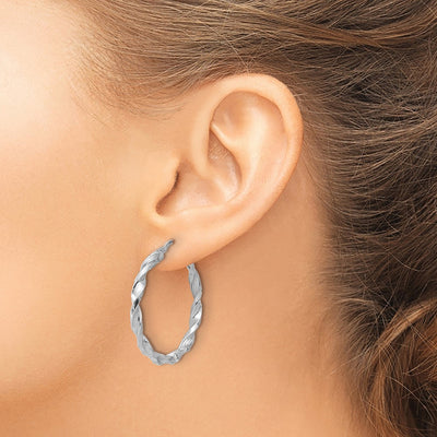 Sterling Silver Rhodium-plated Polished & Textured Twisted Hoop Earrings, 34.5 x 3.25mm