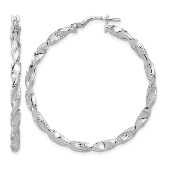 Sterling Silver Rhodium-plated Polished & Textured Twisted Hoop Earrings, 44.5 x 3.25mm