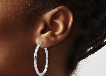 Sterling Silver Rh-plated Polished and Textured Twisted Oval Hoop Earrings, 31.25 x 3mm