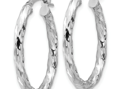 Sterling Silver Rh-plated Polished and Textured Twisted Oval Hoop Earrings, 29 x 3mm