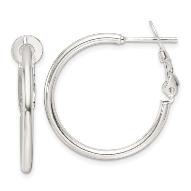 Sterling Silver Polished Omega Back Round Hoop Earrings, 25 x 2mm