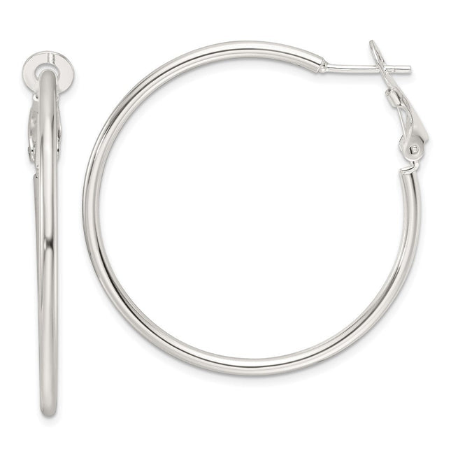 Sterling Silver Polished Omega Back Round Hoop Earrings, 41 x 2mm