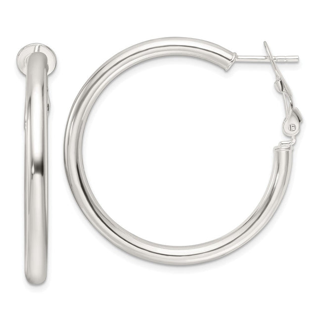 Sterling Silver Polished Omega Back Round Hoop Earrings, 35.5 x 3.25mm