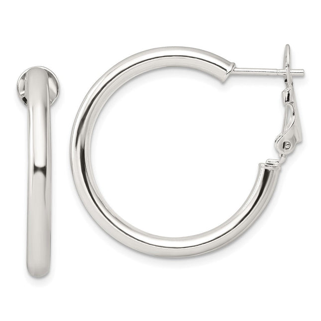 Sterling Silver Polished Omega Back Round Hoop Earrings, 30 x 3.25mm