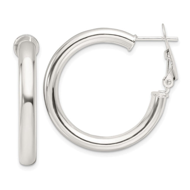 Sterling Silver Polished Omega Back Round Hoop Earrings, 30 x 4mm