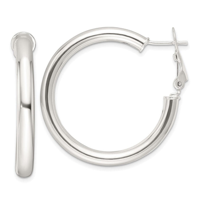 Sterling Silver Polished Omega Back Round Hoop Earrings, 34.75 x 4mm