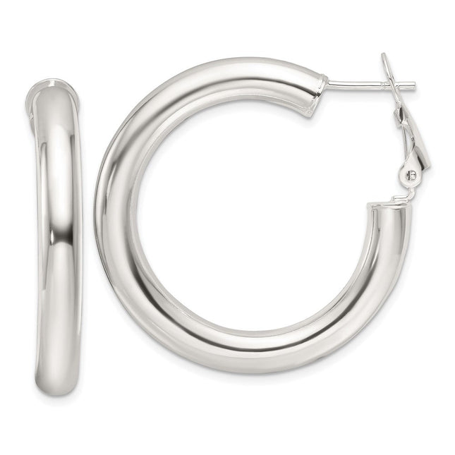 Sterling Silver Polished Omega Back Round Hoop Earrings, 35 x 5mm