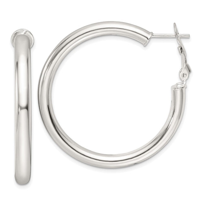 Sterling Silver Polished Omega Back Round Hoop Earrings, 40 x 4mm