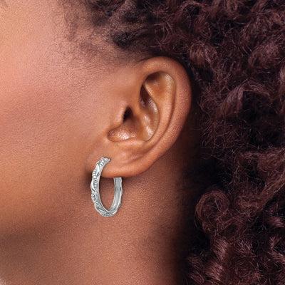 Sterling Silver Rhodium-plated Textured Twisted C-Hoop Earrings, 25 x 3.4mm