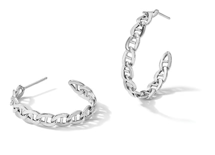 Sterling Silver Rhodium-plated Anchor Link C-Hoop Earrings