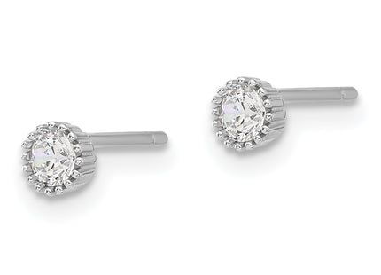 Sterling Silver Rhod-plated CZ Grooved Bezel Post Stud Earrings