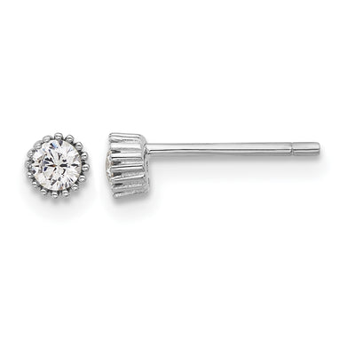 Sterling Silver Rhod-plated CZ Grooved Bezel Post Stud Earrings