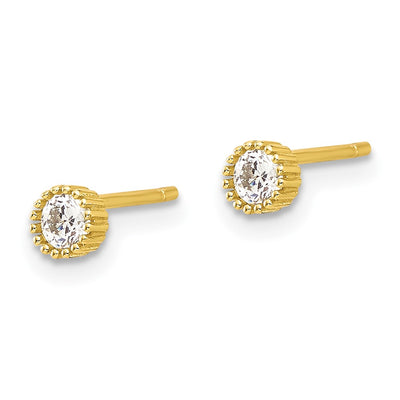 Sterling Silver Gold-tone CZ Grooved Bezel Post Stud Earrings, 3.9 x 3.9mm