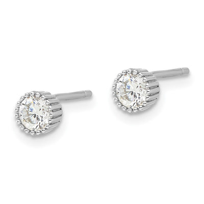 Sterling Silver Rhod-plated CZ Grooved Bezel Post Stud Earrings
