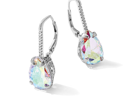 Sterling Silver Rhodium-plated Pear Iridescent CZ Leverback Earrings