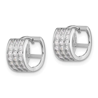 Sterling Silver Rhodium-plated 3 Row CZ Hinged Hoop Earrings, 10.4 x 11.3mm
