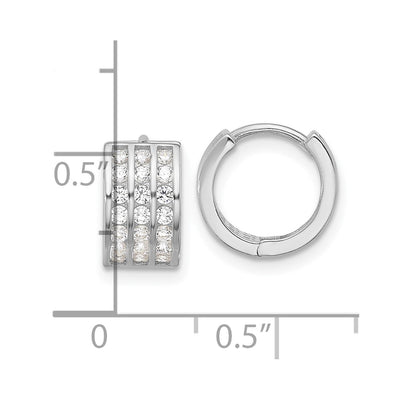Sterling Silver Rhodium-plated 3 Row CZ Hinged Hoop Earrings, 10.4 x 11.3mm