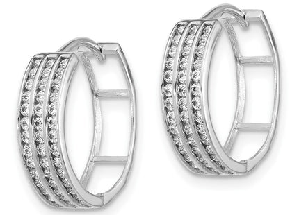 Sterling Silver Rhodium-plated 3 Row CZ Hinged Hoop Earrings (Style QE17198)