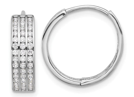 Sterling Silver Rhodium-plated 3 Row CZ Hinged Hoop Earrings (Style QE17198)
