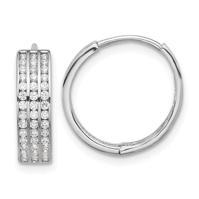 Sterling Silver Rhodium-plated 3 Row CZ Hinged Hoop Earrings, 16 x 16.2mm