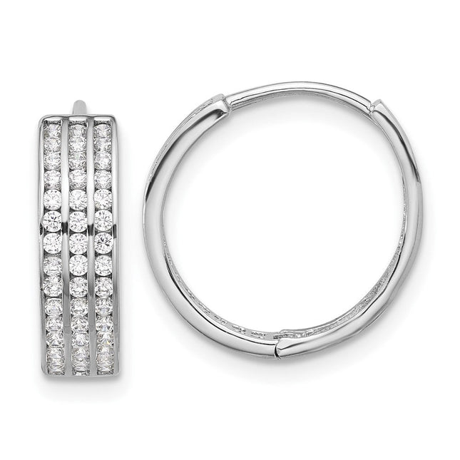 Sterling Silver Rhodium-plated 3 Row CZ Hinged Hoop Earrings, 16 x 16.2mm
