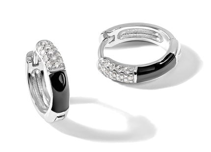 Sterling Silver Flash Platinum-plated CZ Black Enamel Hoop Earrings