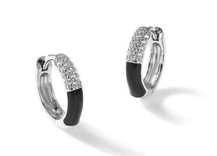 Sterling Silver Flash Platinum-plated CZ Black Enamel Hoop Earrings