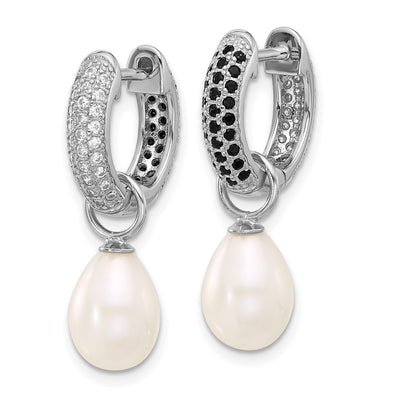 Sterling Silver Rhodium-plated Black and White Rice Freshwater Cultured Pearl and CZ Interchangeable Post Earrings Set, 26 x 14.5mm