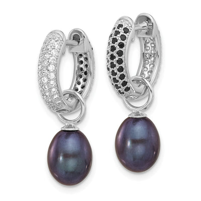 Sterling Silver Rhodium-plated Black and White Rice Freshwater Cultured Pearl and CZ Interchangeable Post Earrings Set, 26 x 14.5mm
