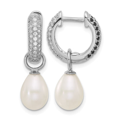 Sterling Silver Rhodium-plated Black and White Rice Freshwater Cultured Pearl and CZ Interchangeable Post Earrings Set, 26 x 14.5mm