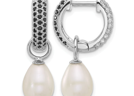 Sterling Silver Rhodium-plated 7- Black and White Rice Freshwater Cultured Pearl and CZ Interchangeable Post Earrings Se