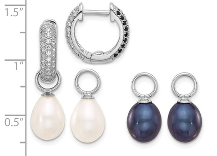Sterling Silver Rhodium-plated 7- Black and White Rice Freshwater Cultured Pearl and CZ Interchangeable Post Earrings Se