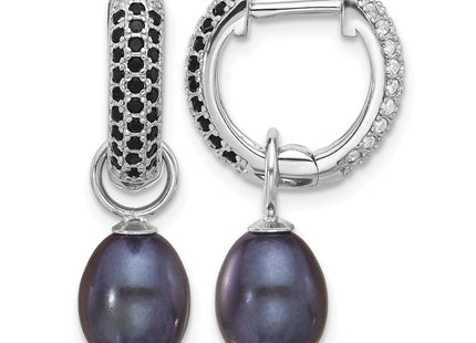 Sterling Silver Rhodium-plated 7- Black and White Rice Freshwater Cultured Pearl and CZ Interchangeable Post Earrings Se
