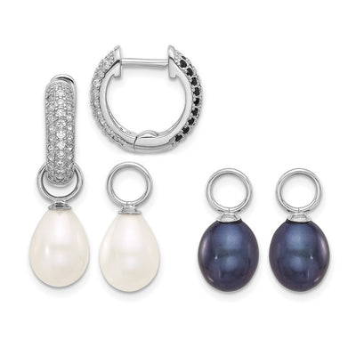 Sterling Silver Rhodium-plated Black and White Rice Freshwater Cultured Pearl and CZ Interchangeable Post Earrings Set, 26 x 14.5mm