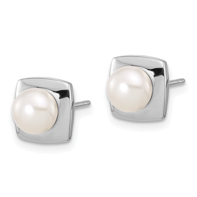 Sterling Silver Rhodium-plated White Button Freshwater Cultured Pearl Square Post Earrings, 8.9 x 8.9mm