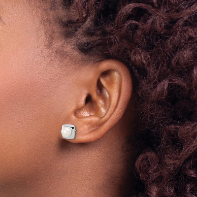 Sterling Silver Rhodium-plated White Button Freshwater Cultured Pearl Square Post Earrings, 8.9 x 8.9mm
