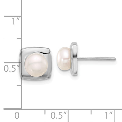 Sterling Silver Rhodium-plated White Button Freshwater Cultured Pearl Square Post Earrings, 8.9 x 8.9mm